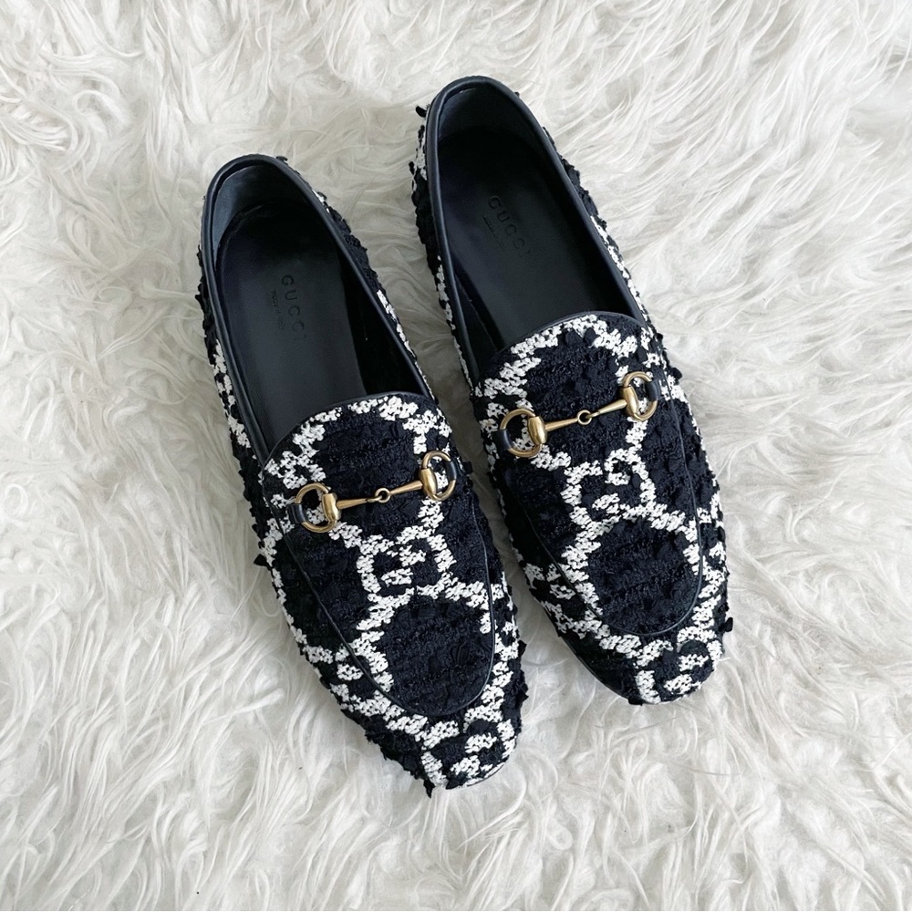 Gucci Jordaan GG Tweed Loafer Horsebit Size 38.5
Black White